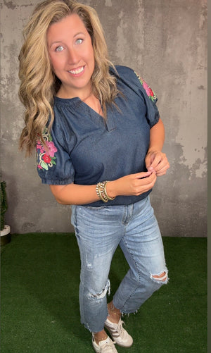 Denim Top with Embroidered Floral Sleeve