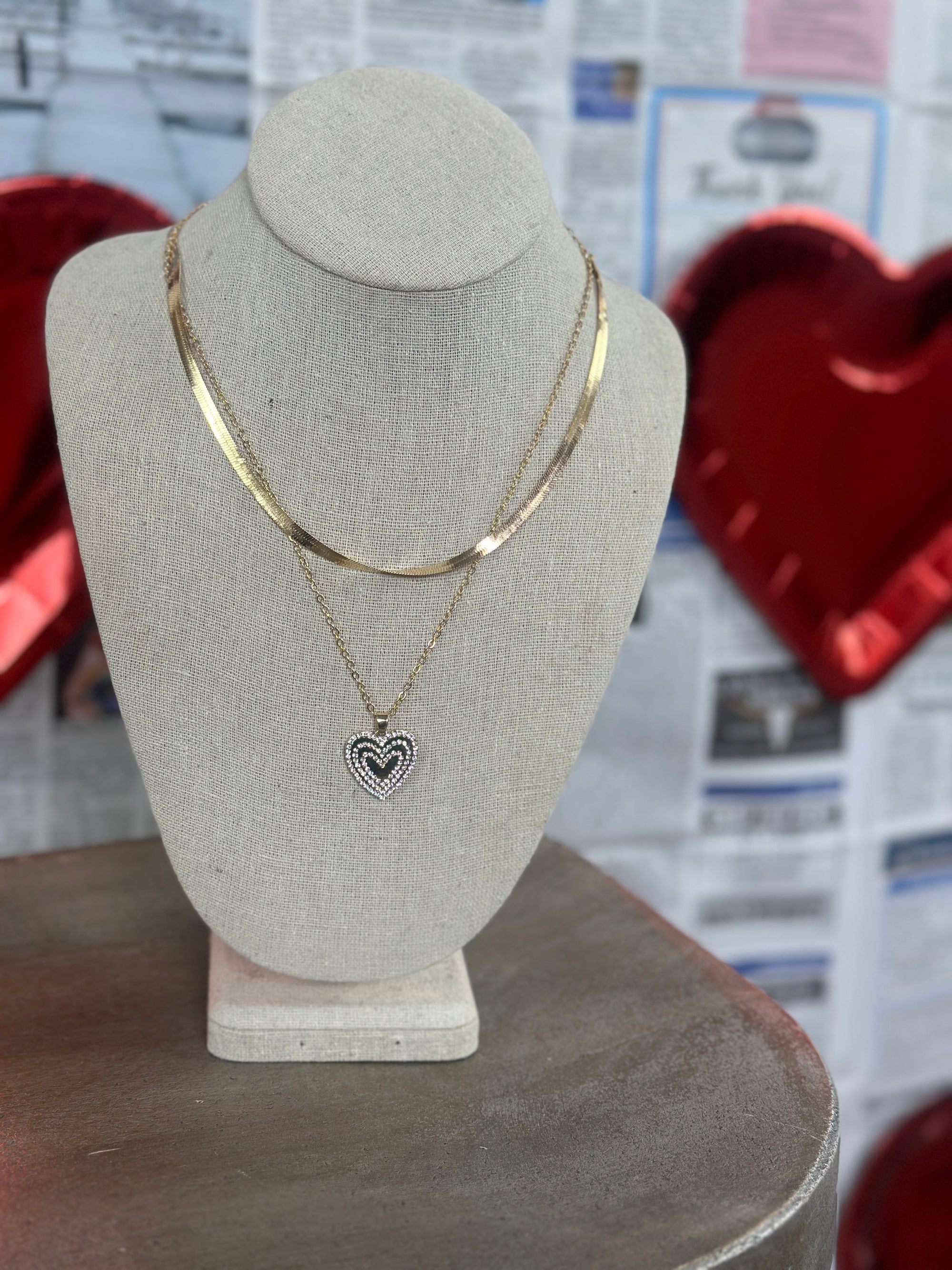 Gold Rhinestone Heart Layered Necklace