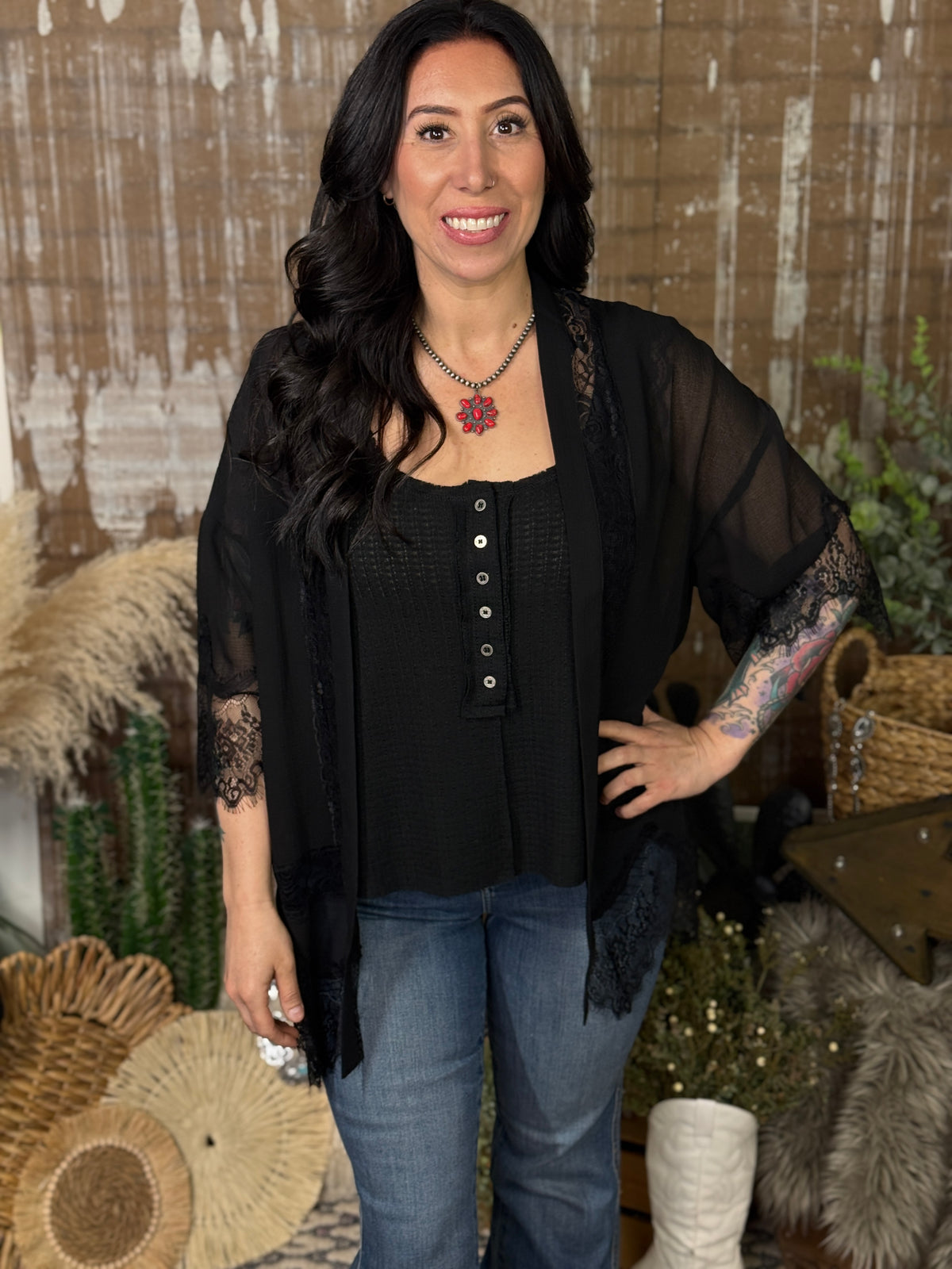 Lace Detail Black Kimono (Small - 3X)