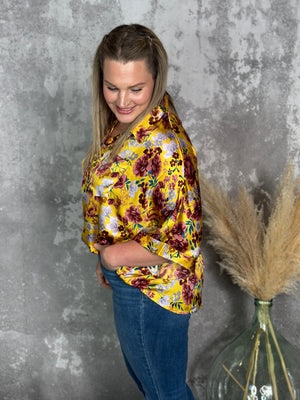 Mustard Burgundy Floral 3/4 Length Top - FINAL SALE