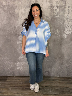Baby Blue Stripe Collared Top (Small - 2X)