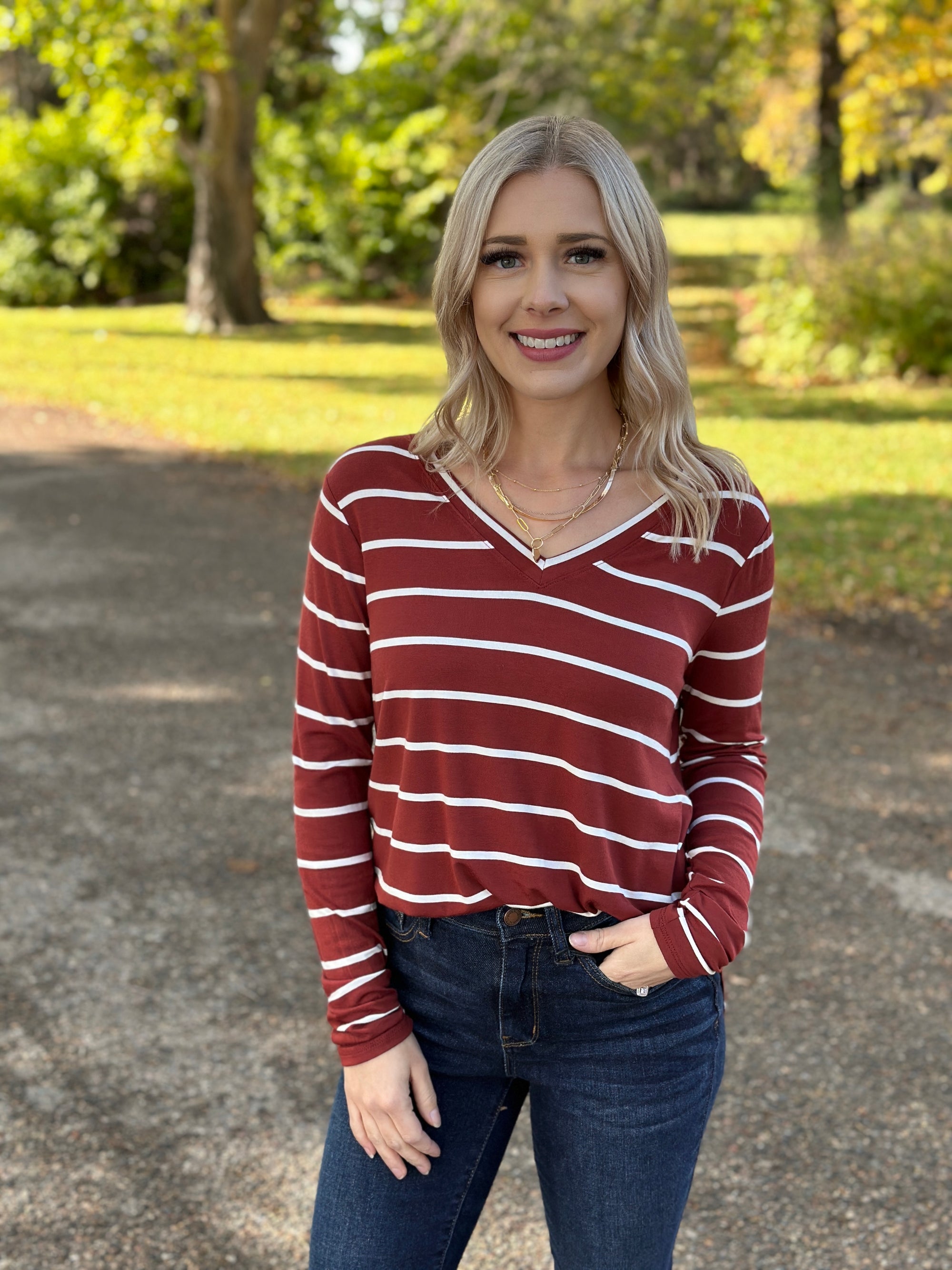Basic Round Vneck Stripe Long Sleeve - Rust/White  (Small - 3X)