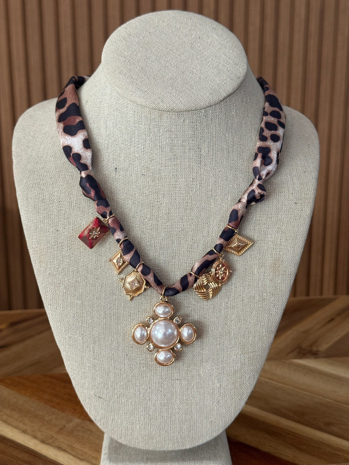 Leopard Scarf Necklace with Pearl and Gold Charms