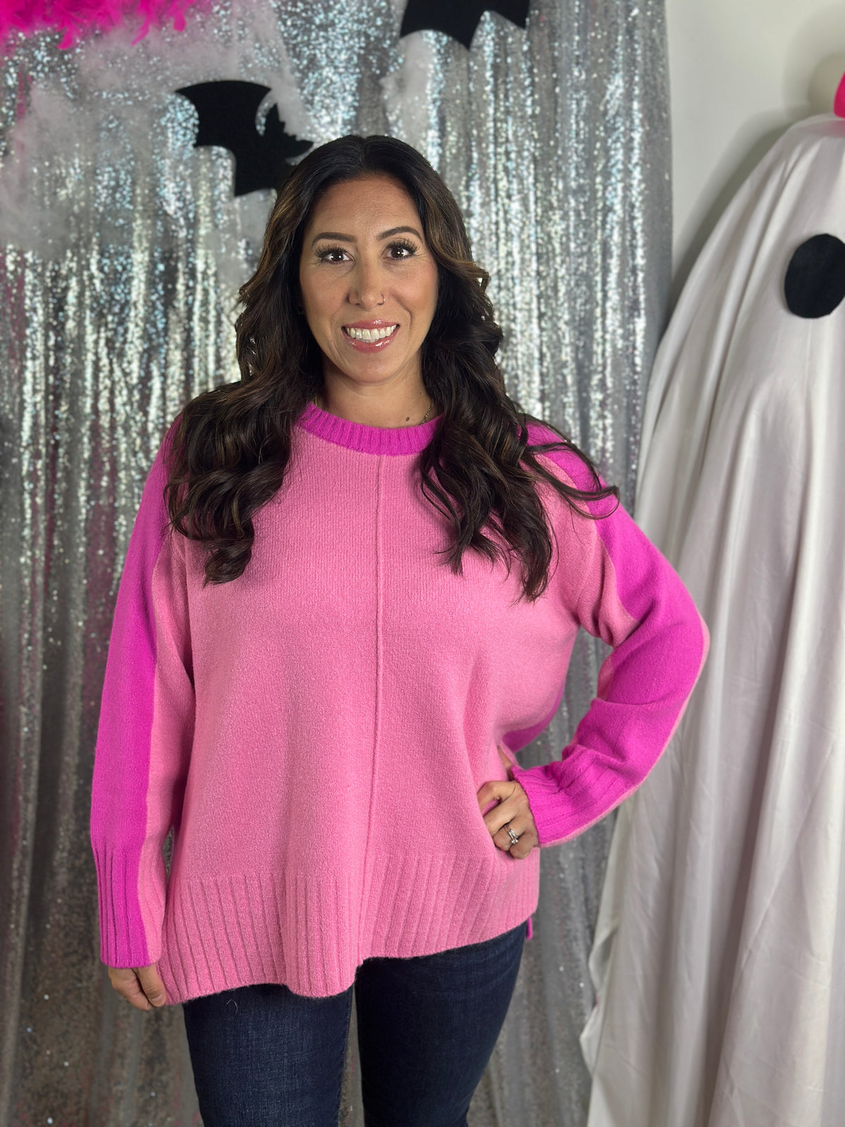 Two Tone Pink Sweater with Front Seam (Small - 3X)