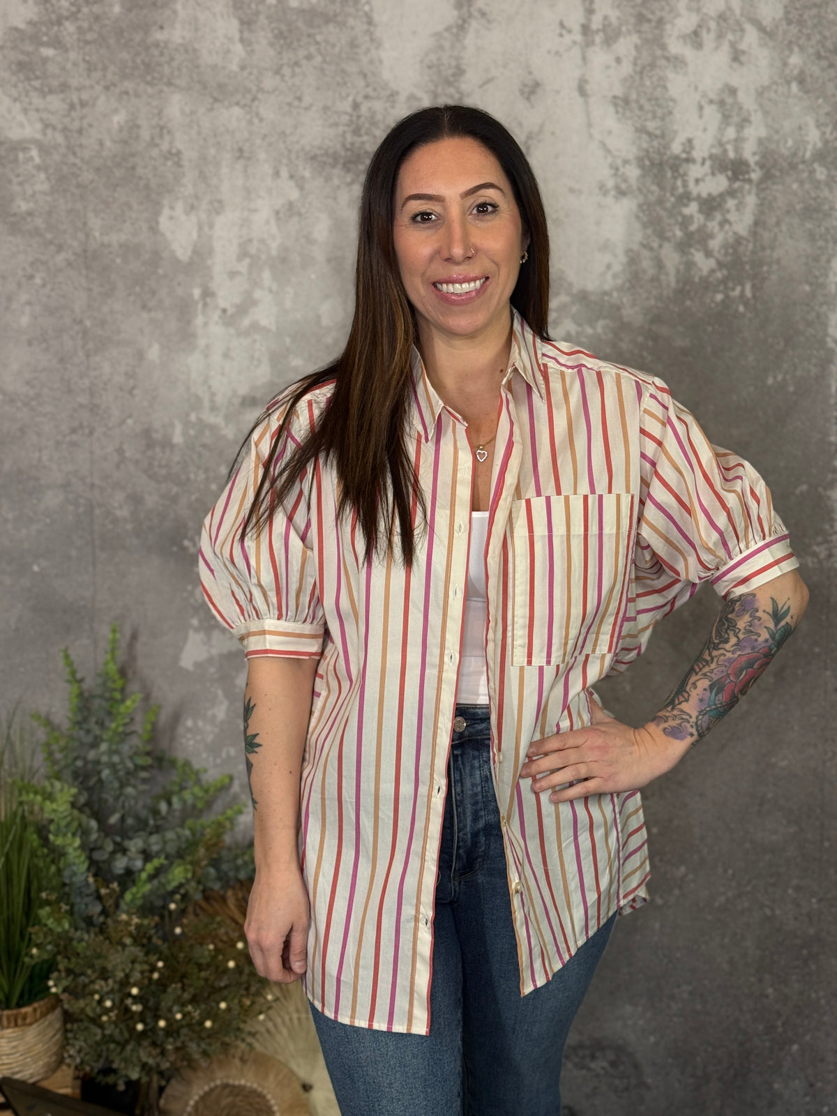 Pink Taupe Short Sleeve Button Up Top
