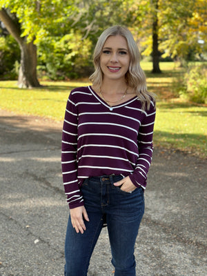 Basic Round Vneck Stripe Long Sleeve - Eggplant/White  (Small - 3X)