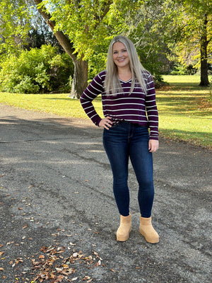 Basic Round Vneck Stripe Long Sleeve - Eggplant/White  (Small - 3X)