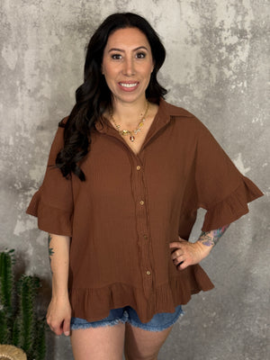 Brown Gauze Peplum Top