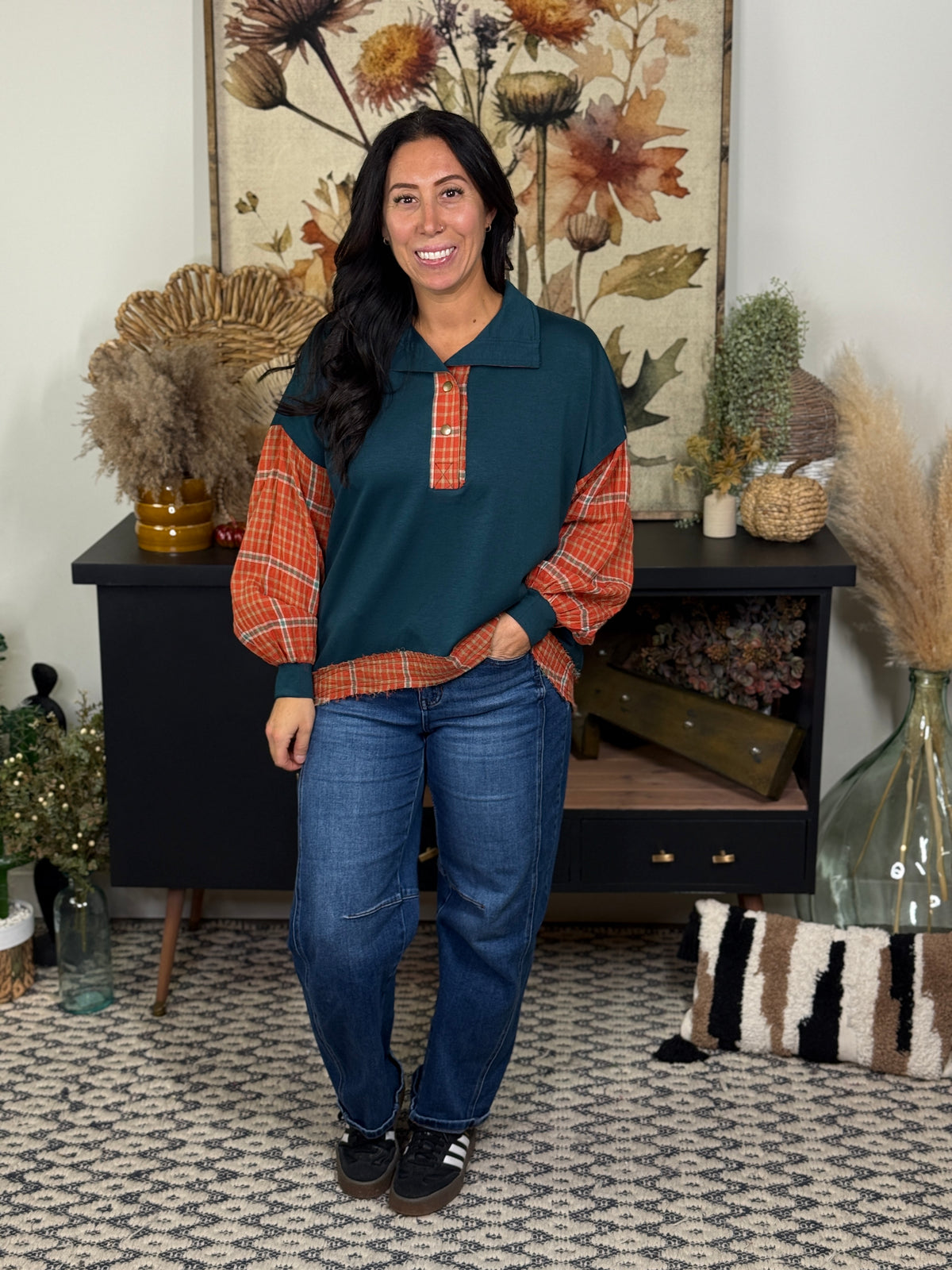 Green with Orange Plaid Top