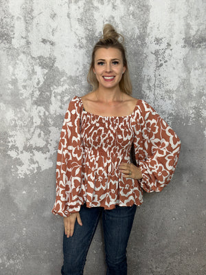 Rust Long Sleeve Smocked Floral Top
