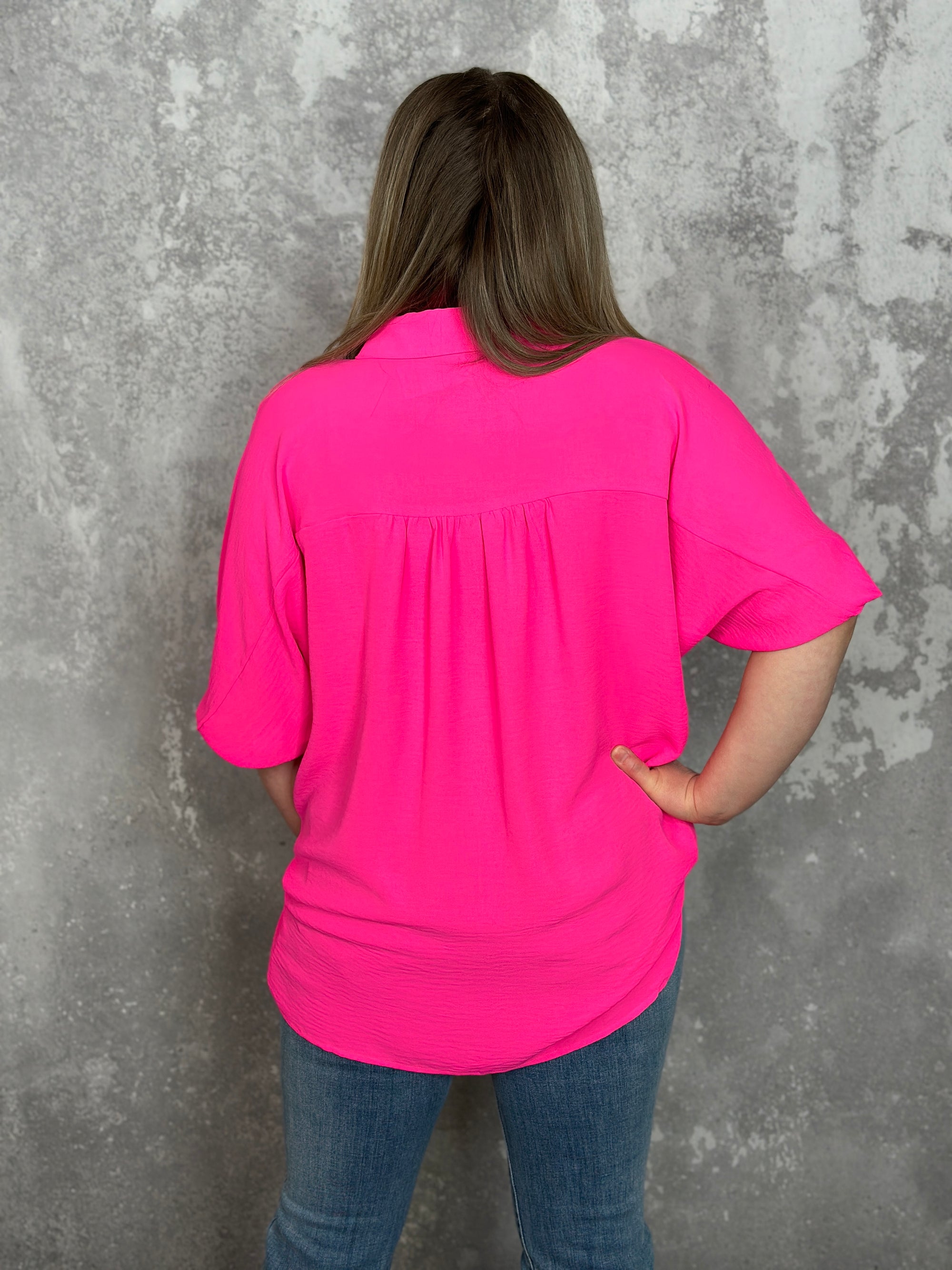 3/4 Sleeve Button Up Pocket AIrflow Top  - Neon Pink - BESTSELLER