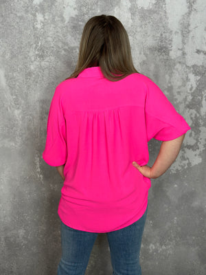 3/4 Sleeve Button Up Pocket AIrflow Top  - Neon Pink - BESTSELLER