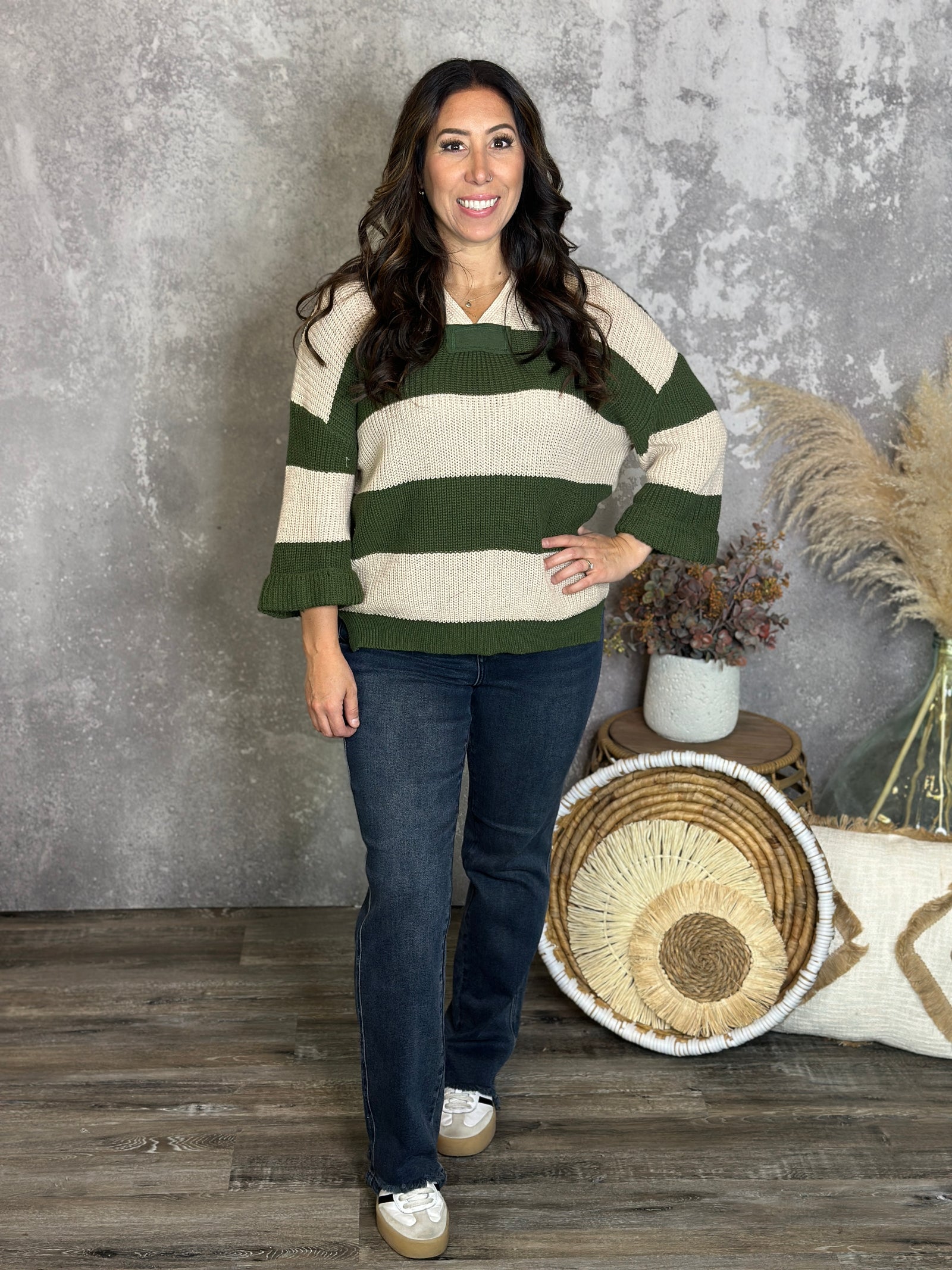 Stripe Sutton Sweater - Olive (Small - 2X)