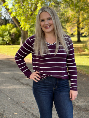 Basic Round Vneck Stripe Long Sleeve - Eggplant/White  (Small - 3X)