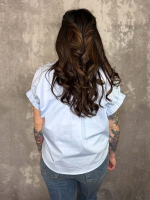 Light Blue Pearl Collared Top (Small - 3X)