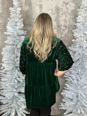 Velvet Babydoll Tunic Top with Sequin Sleeve - Evergreen  (Small - 2X)