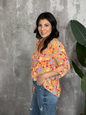The Wrinkle Free Lizzie Top - Orange with Multicolor Micro Florals (Small - 3X)