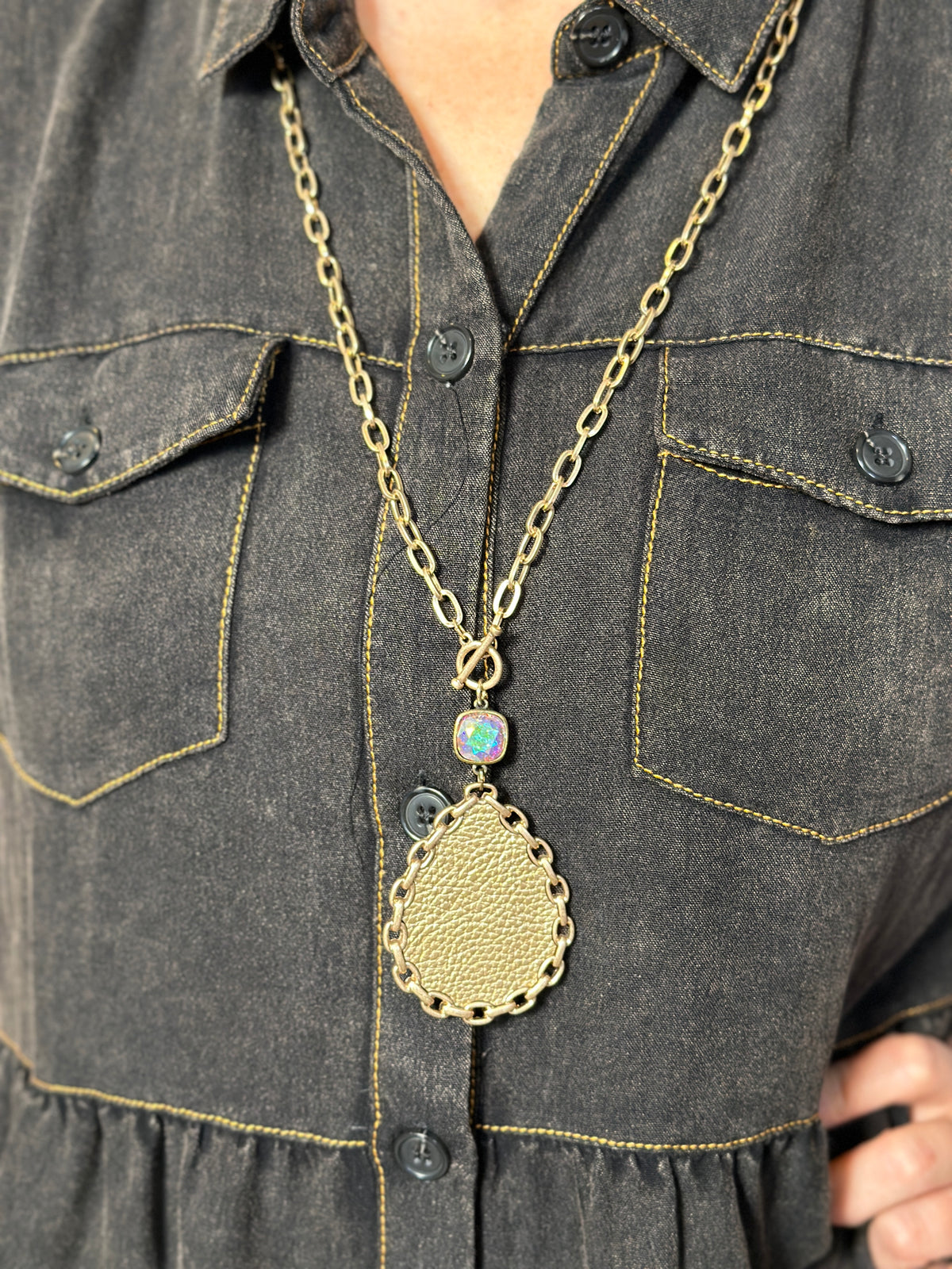 Long Gold Leather Necklace