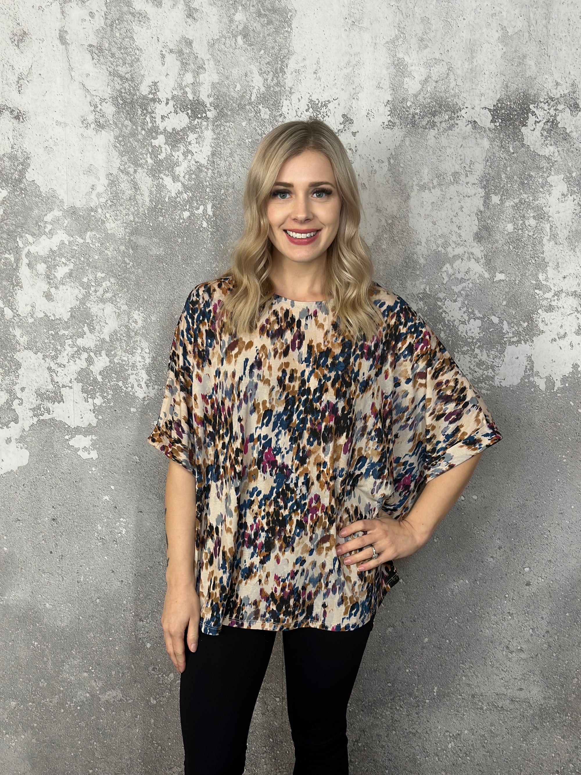 Abstract Leopard Short Sleeve Wrinkle Free Top (Small - 3X)