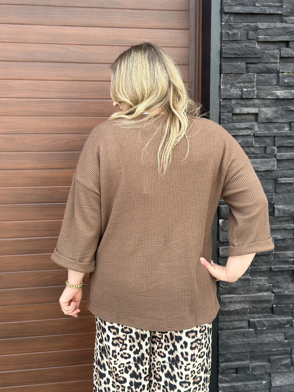 Waffle Button Top - Brown (Small - 3X) - FINAL SALE