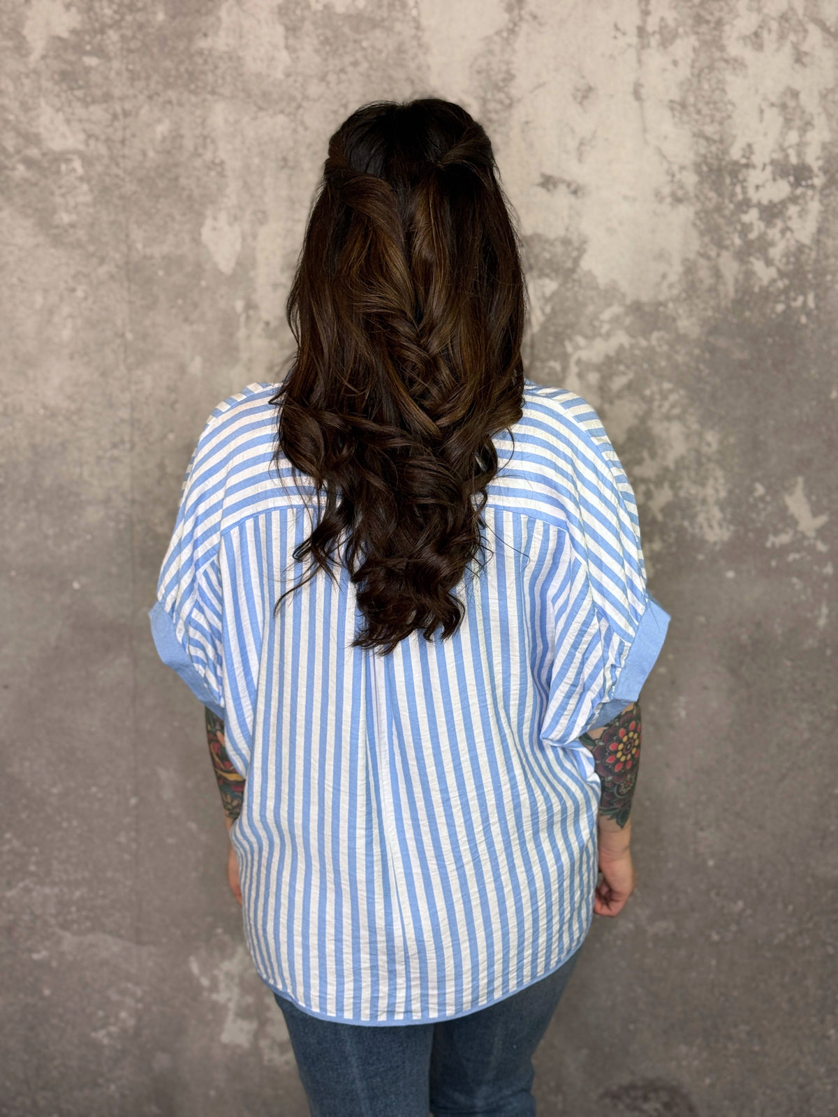 Baby Blue Stripe Collared Top (Small - 2X)