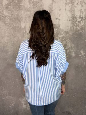 Baby Blue Stripe Collared Top (Small - 2X)