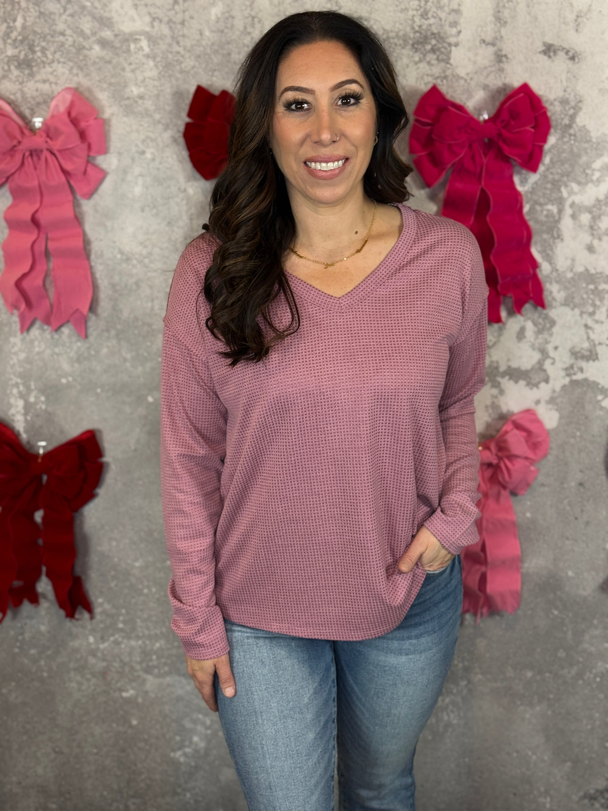 Waffle Long Sleeve Basic  (Small - 3X) - Rose