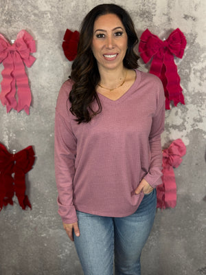 Waffle Long Sleeve Basic  (Small - 3X) - Rose