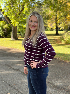 Basic Round Vneck Stripe Long Sleeve - Eggplant/White  (Small - 3X)