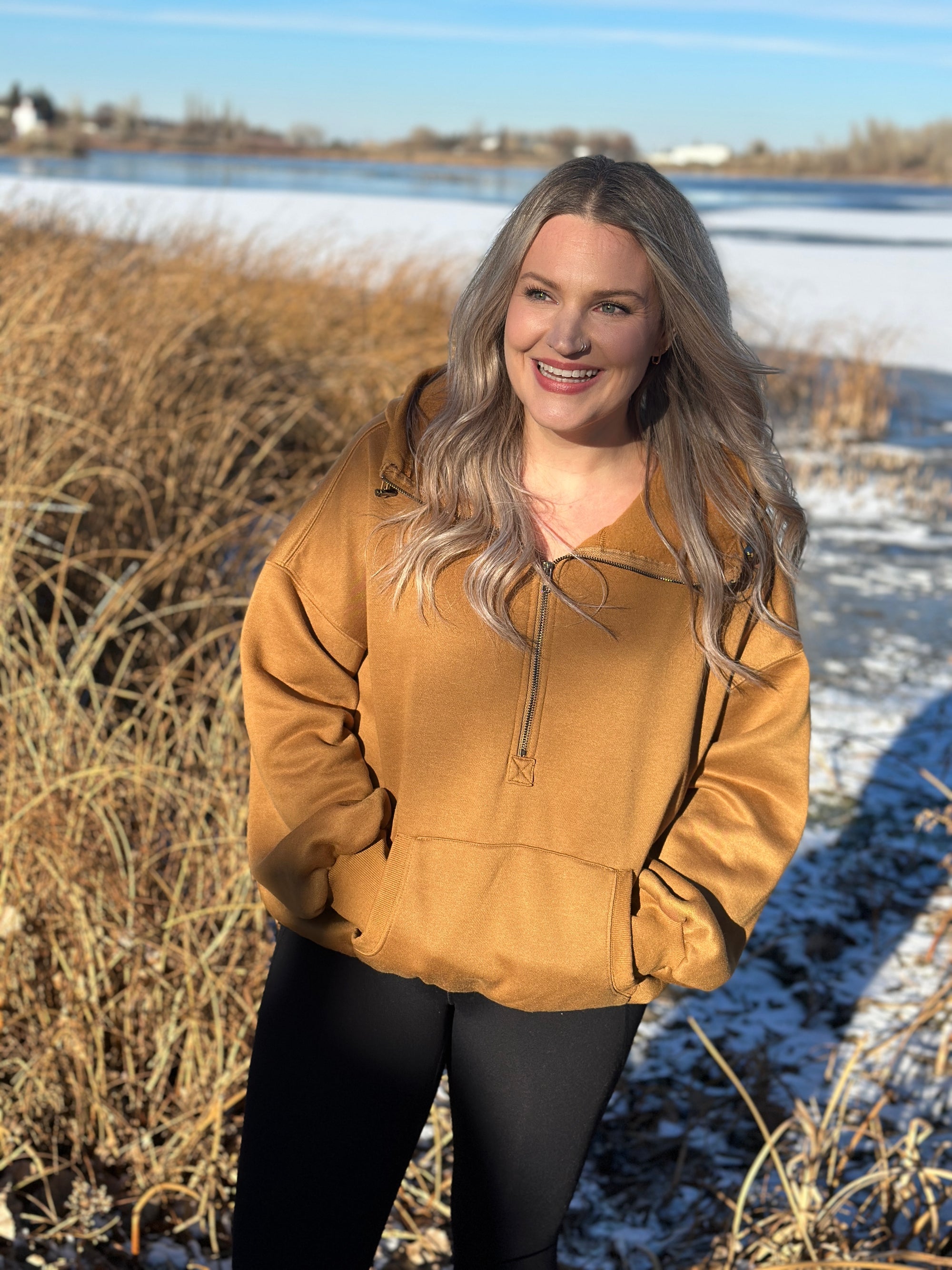 Fleece Lined Bomber Sweatshirt with Hood - Camel