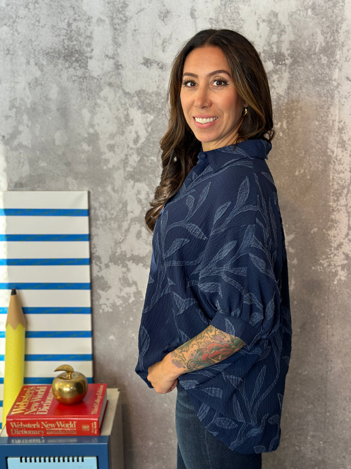 Navy Textured Dolman Button Up Blouse (Small - 2X)