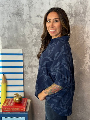 Navy Textured Dolman Button Up Blouse (Small - 2X)
