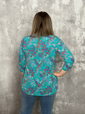 The Wrinkle Free Lizzie Top - Teal Micro Floral (Small - 3X) *NEW
