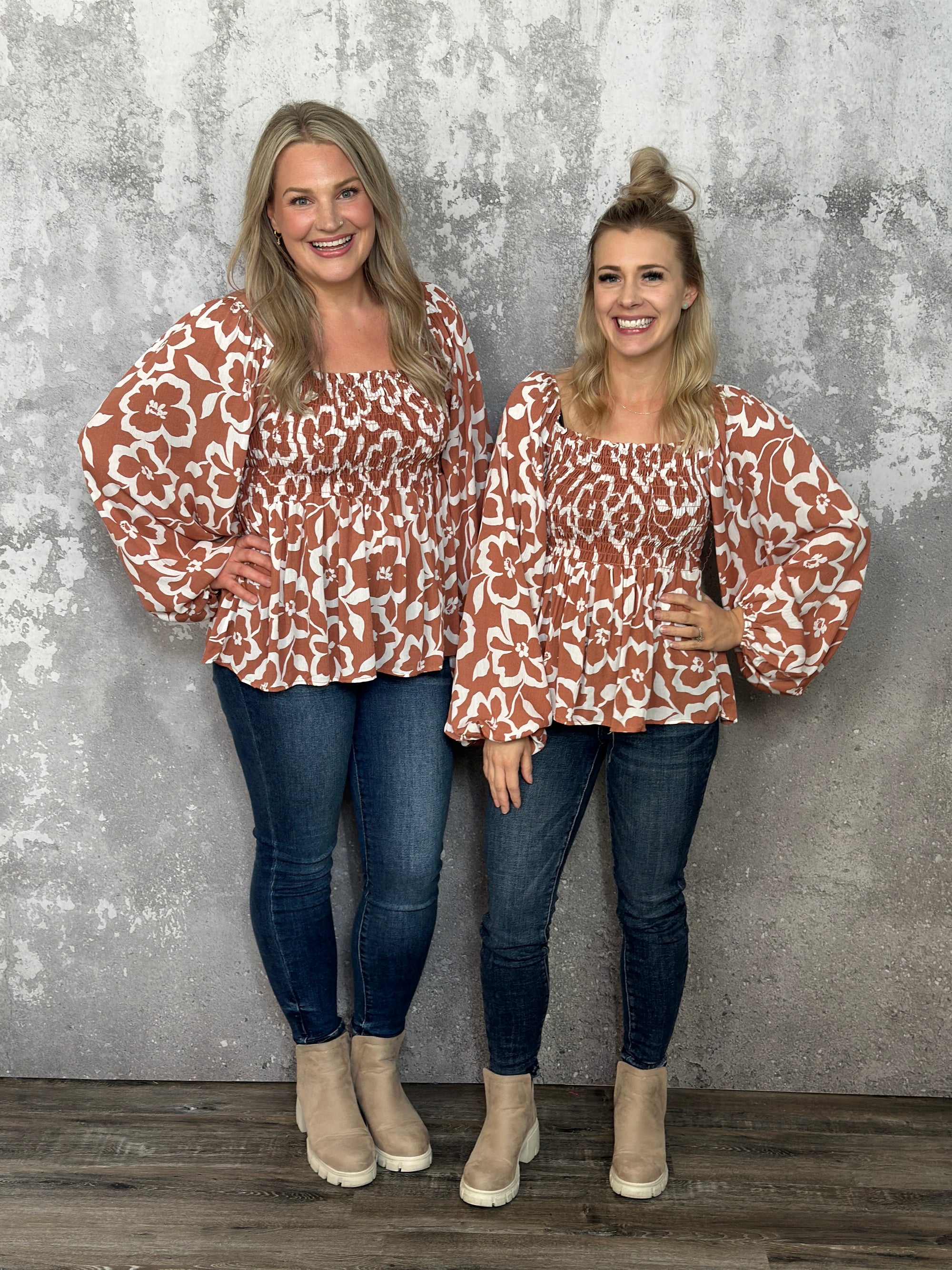 Rust Long Sleeve Smocked Floral Top