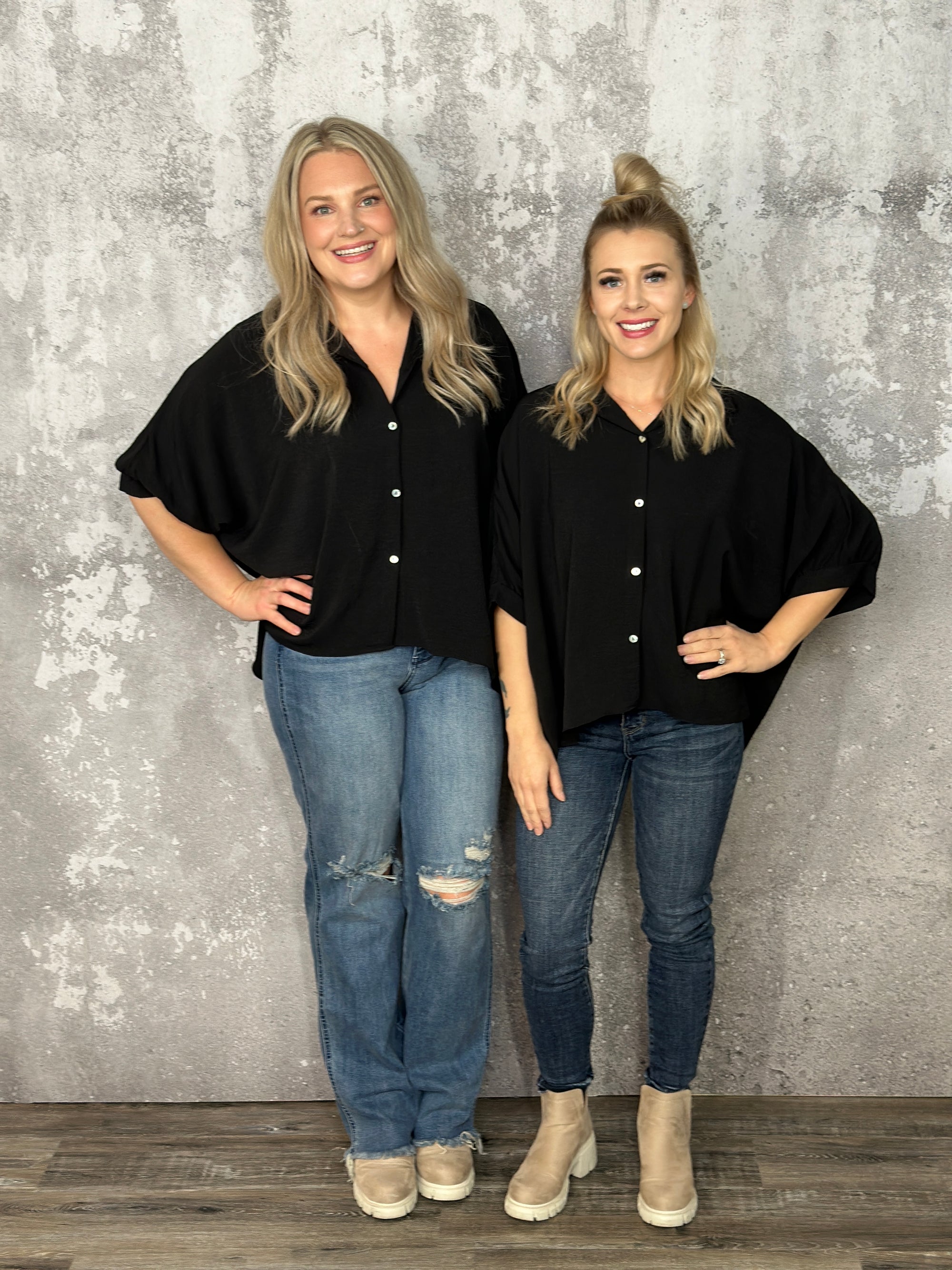 Black Short Sleeve Shift Button Blouse (Small - 3X)