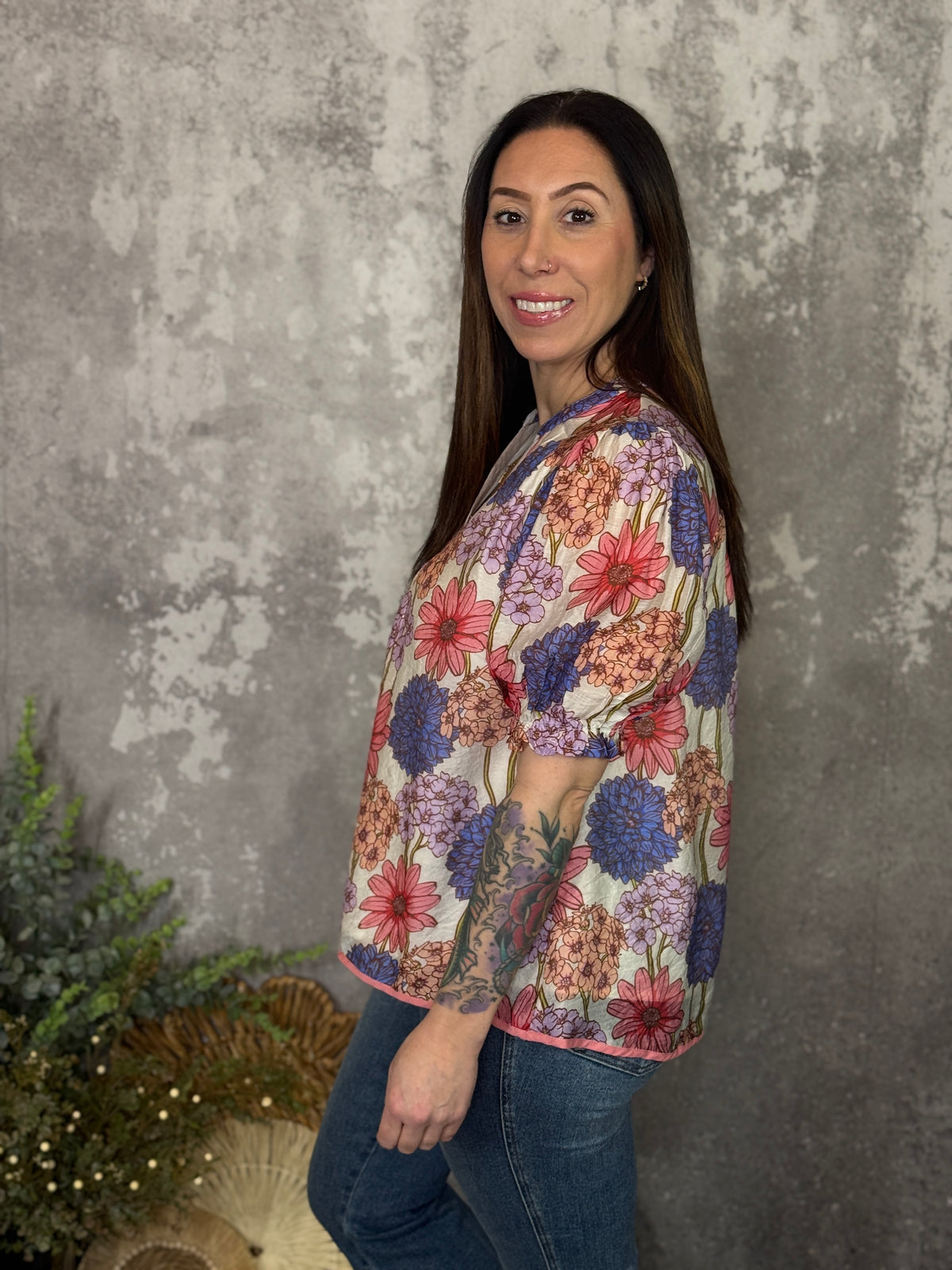 Coral Floral Mix Blouse (Small - 2X)
