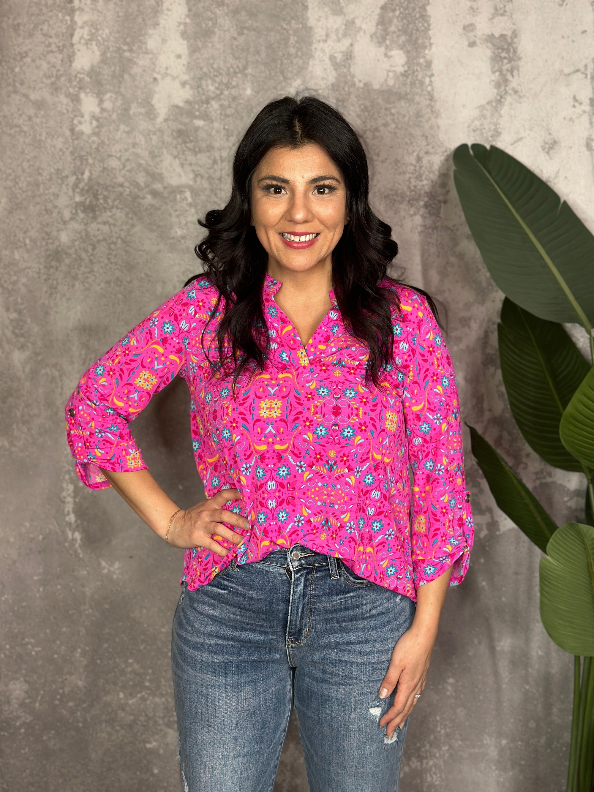 The Wrinkle Free Lizzie Top - Fuschia with Micro florals (Small - 3X) RESTOCKED