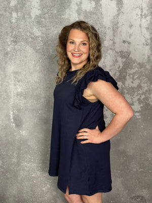 Mineral Wash French Terry Ruffle Sleeve Dress - Navy