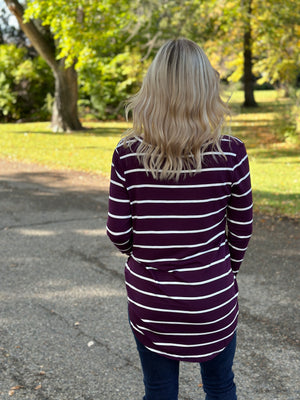 Basic Round Vneck Stripe Long Sleeve - Eggplant/White  (Small - 3X)