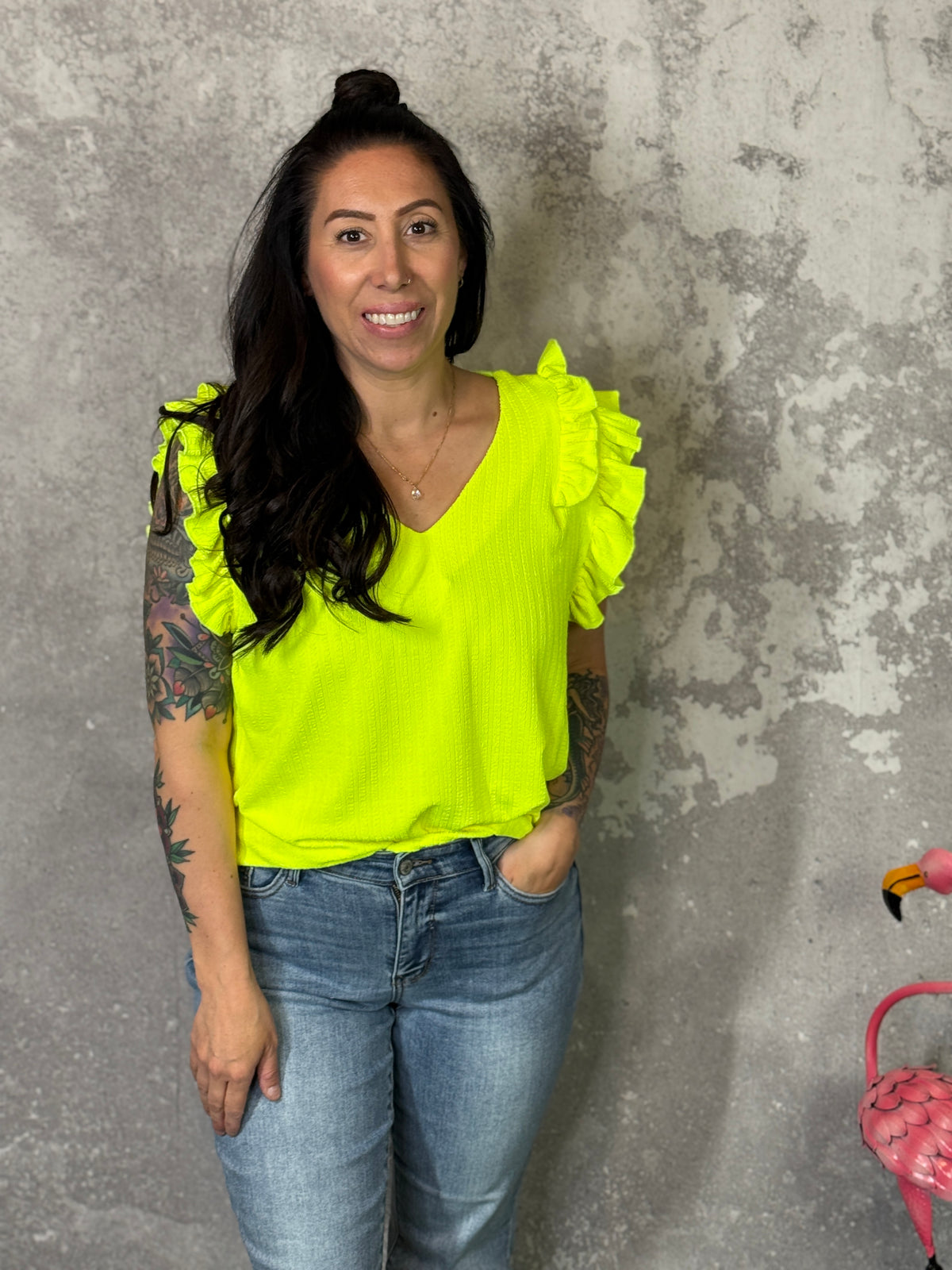 Highlighter Yellow Textured Ruffle Tank