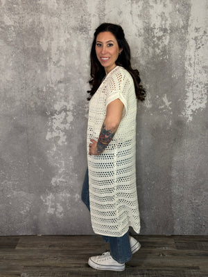 Crochet Ivory Short Sleeve Cardigan Duster