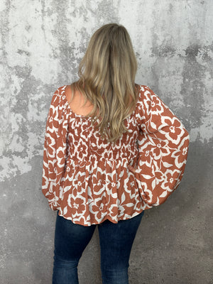 Rust Long Sleeve Smocked Floral Top