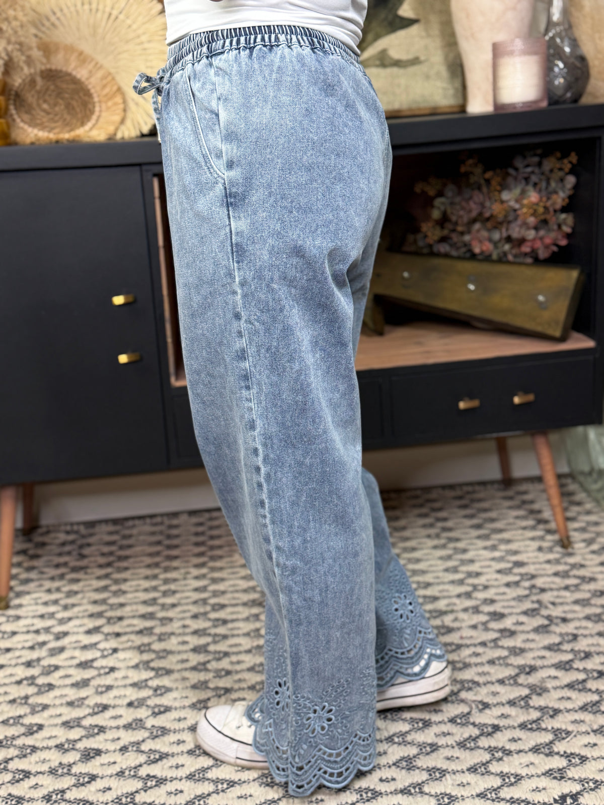 Lasar Cut Denim with Elastic Waistband