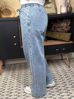Lasar Cut Denim with Elastic Waistband
