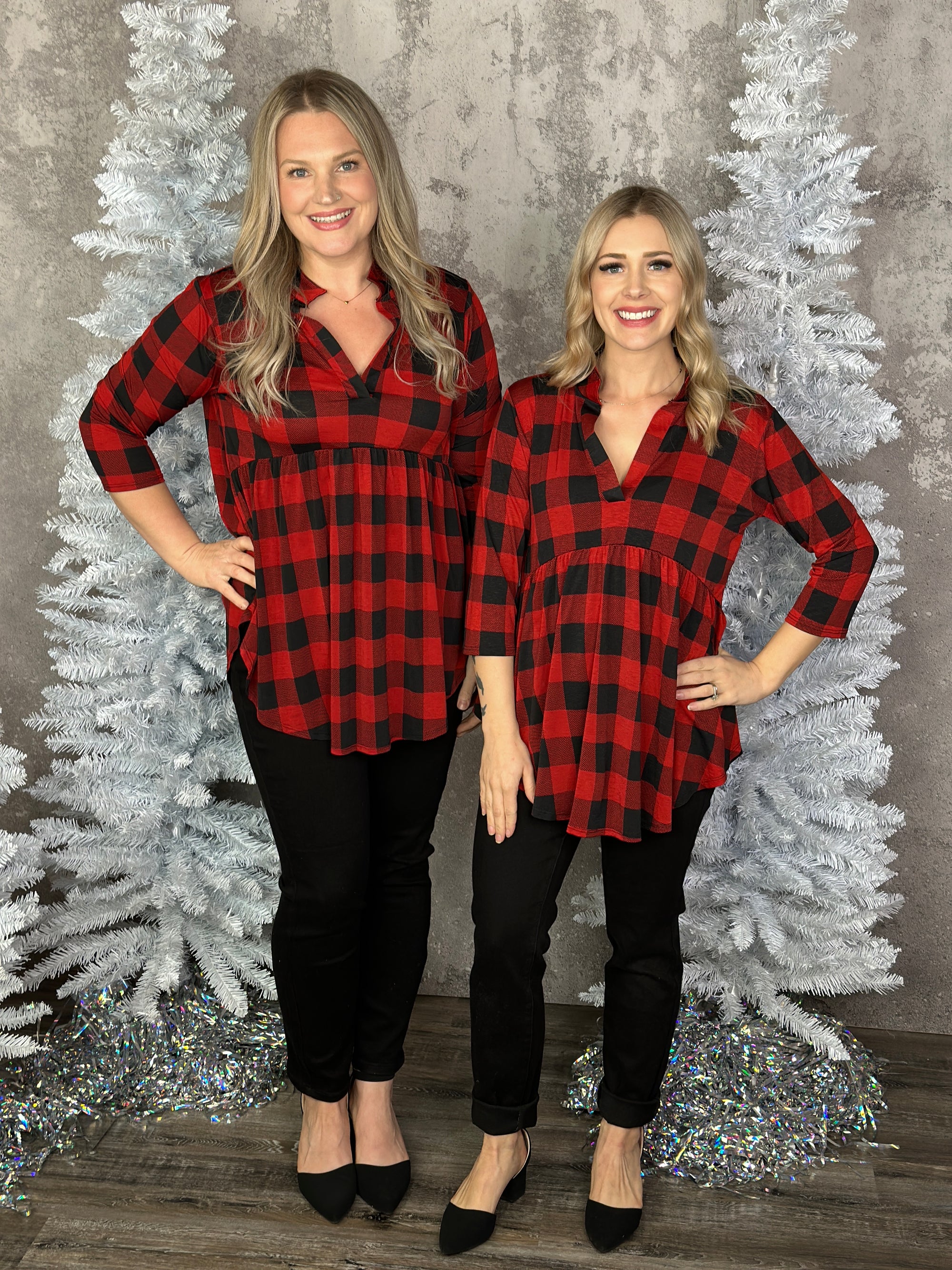 Wrinkle Free Buffalo Plaid Babydoll 3/4 Sleeve Top (Small - 3X)