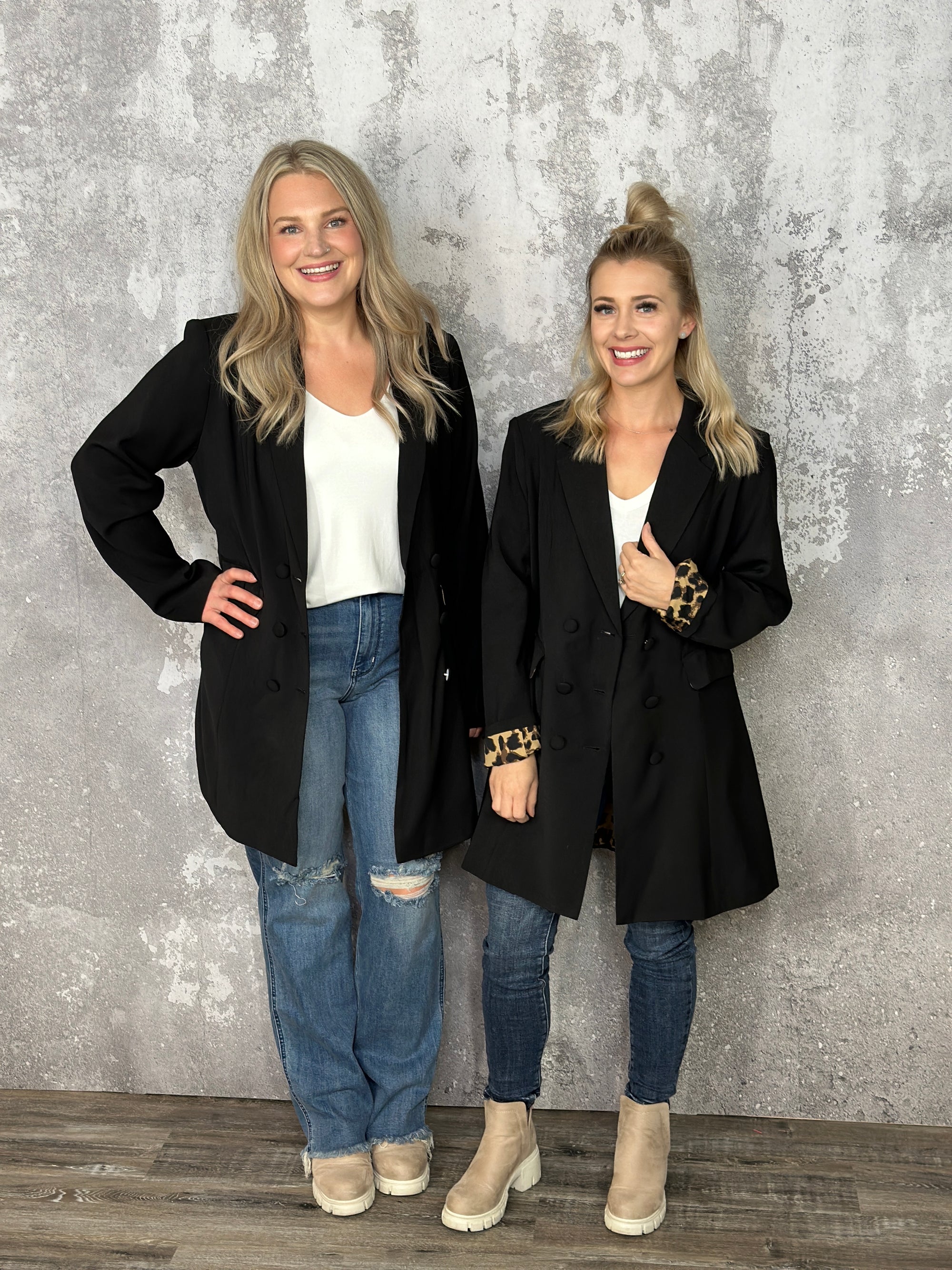 Leopard Lined Double Breasted Blazer - Black
