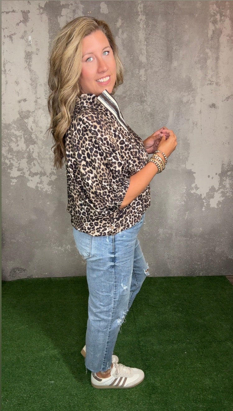 Short Sleeve Leopard Lux Top - Brown