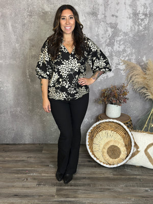 3/4 Sleeve Puff Sleeve Black and White Floral Blouse (Small - 2X)