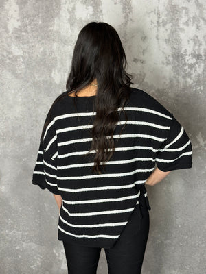 Black and White Short sleeve sweater with Buttons