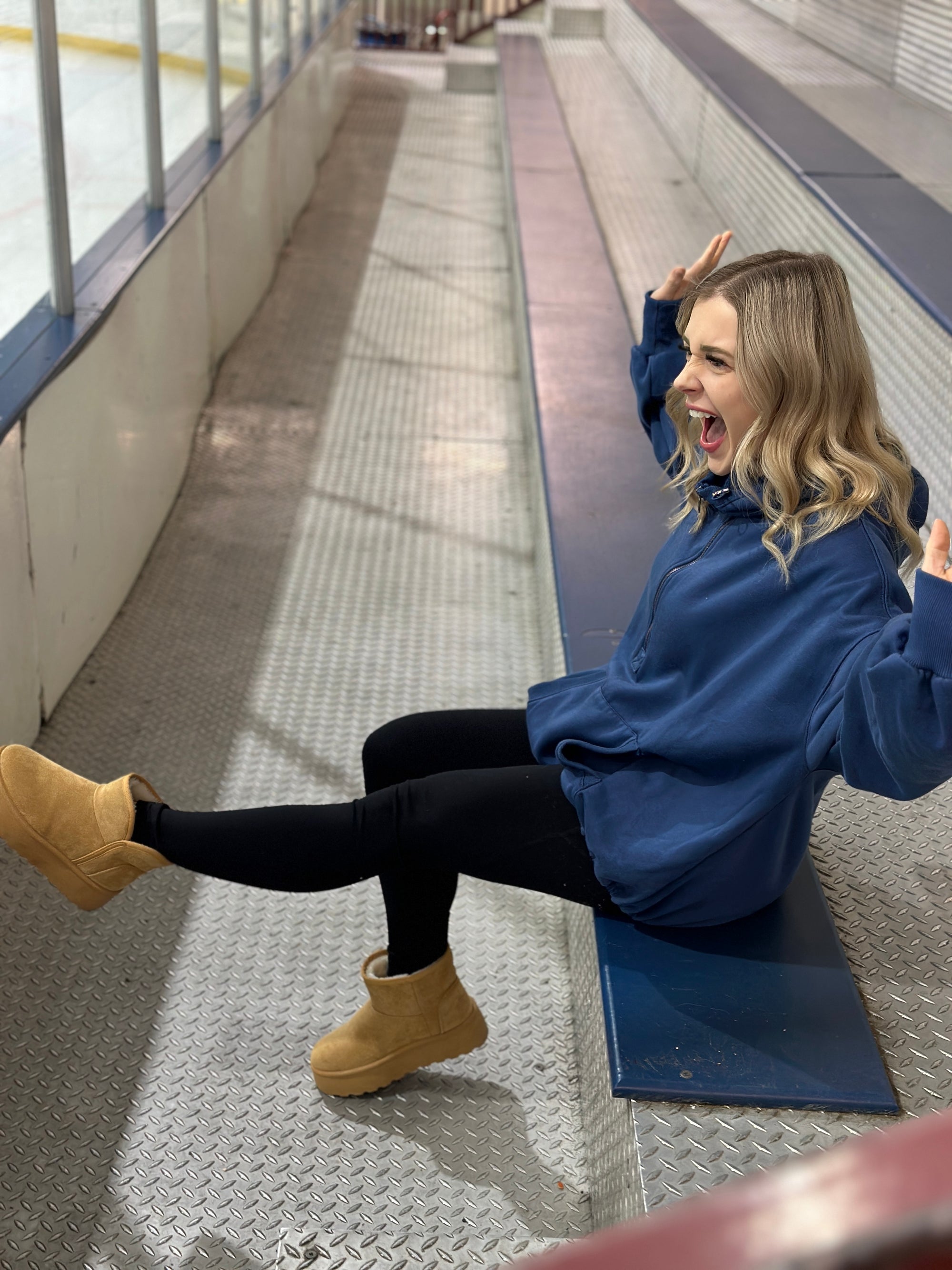 Fleece Lined Bomber Sweatshirt with Hood - Navy
